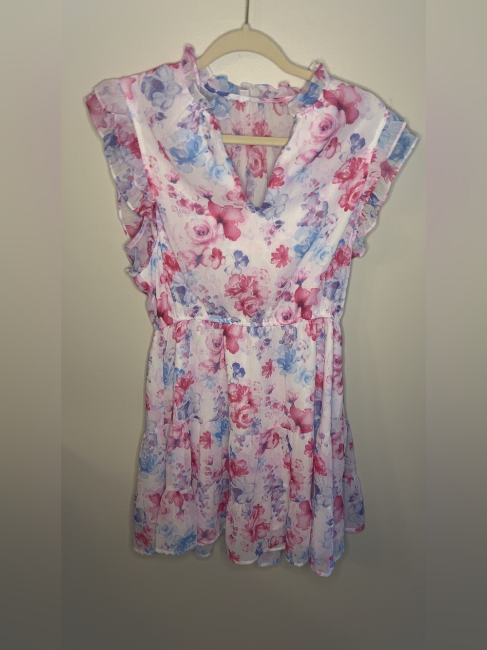 BB Dakota Pink & Blue Floral Ruffle Sleeve Tunic